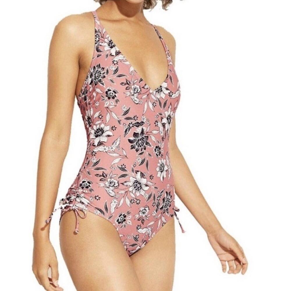 KONA SOL V Neck One‎ Piece Swimsuit Womens Bathing Suit - Pink Floral Sz Medium